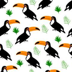 Seamless pattern Toucan bird cartoon character, decorative leaf, Cute vector illustration isolated on white backround, South America fauna, decorative exotic backdrop, wild animal for design wallpaper