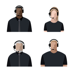Operators men and women online, wearing headphones with a microphone, headset. Call center concept or support service, streamers, bloggers. Color avatars, isolated vector illustrations