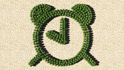 Concept or conceptual group of green forest tree on dry ground background, alarm clock icon. 3d illustration metaphor for time, countdown, notification and deadline