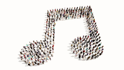 Concept conceptual large community of people forming themusic sign. 3d illustration metaphor for melody, tempo, multimedia, composition, harmony or classic sound