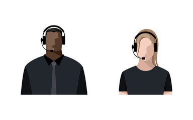 Operators are young men and women online, wearing headphones with a microphone, headset. Call center concept or support service. Color avatars, isolated vector illustrations