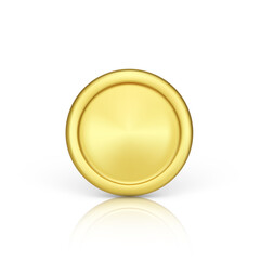 Golden coin front view. Realistic render of metallic coin. Finance and money. Vector isolated on white