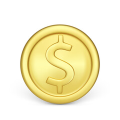 Golden coin front view. Finance and money. Realistic render of metallic coin. Vector illustration isolated on white