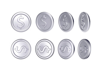 Set of  silver coin with dollar symbol. Rotation metallic money. Vector