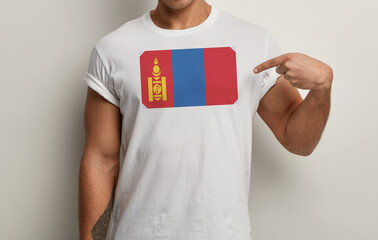 Mongolia Flag on white man t-shirt