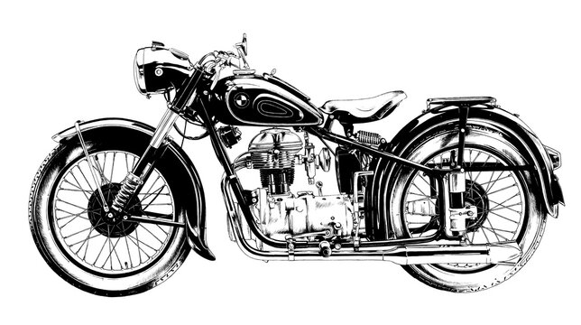  BMW R5 1936 , powerful motorcycle drawn in ink by hand on a white background.