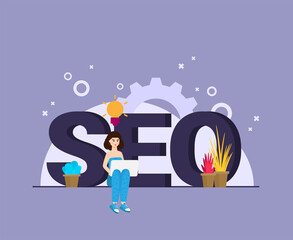 Flat design modern vector illustration concept of SEO word combined from elements and icons which symbolized a success internet searching optimization process. Concept with people, letters and icons.