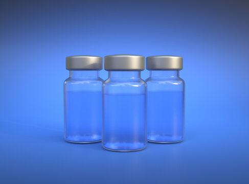 Transparent glass bottles for Covid-19 coronavirus vaccine and other viruses on a blue background. Immunization and vaccination. Copy space. Medical concept. 3d rendering illustration