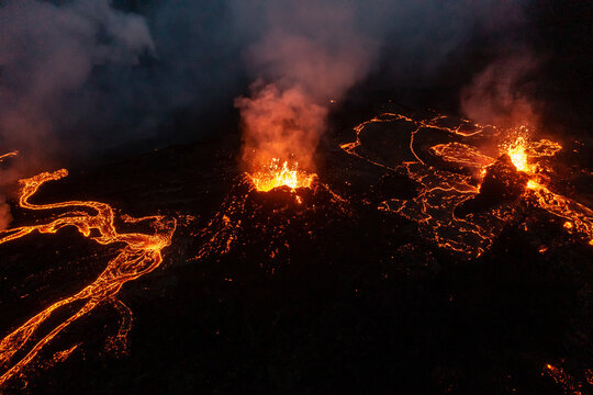 Aerial view of fresh lava streams from volcano eruption in Geldingadalur, Iceland.