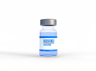 Transparent glass bottle for Covid-19 coronavirus vaccine and other viruses isolated on a white background. Immunization and vaccination. Copy space. Medical concept. 3d rendering illustration