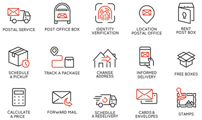 Vector Set of Linear Icons Related to Address Change Post Office and Postal Service. Mono Line Pictograms and Infographics Design Elements