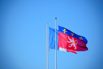 Drapeaux de Lyon et de la France, isolés dans un ciel bleu et propre