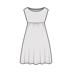 Dress babydoll technical fashion illustration with sleeveless, oversized body, knee length A-line skirt, boat neck. Flat apparel front, grey color style. Women, men unisex CAD mockup