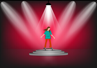 vector image girl cartoon character riding a skateboard or surf skate standing on podium with spotlight