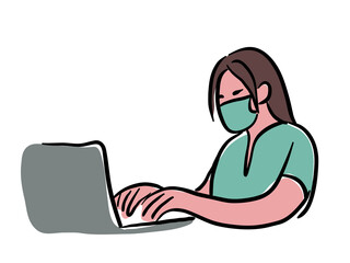 Woman with mask working on computer