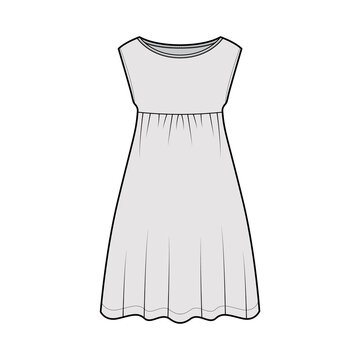 Dress babydoll technical fashion illustration with sleeveless, oversized body, knee length A-line skirt, boat neck. Flat apparel front, grey color style. Women, men unisex CAD mockup