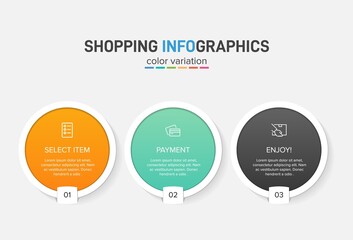 Concept of shopping process with 3 successive steps. Three colorful graphic elements. Timeline design for brochure, presentation, web site. Infographic design layout.