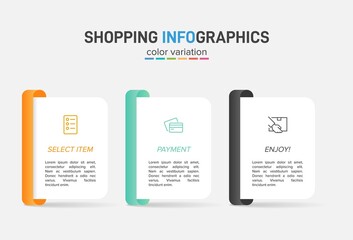 Concept of shopping process with 3 successive steps. Three colorful graphic elements. Timeline design for brochure, presentation, web site. Infographic design layout.