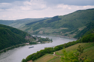 Fototapeta premium Aerial photography of the turn of the Rhine Valley in Germany, with the small towns and castles on both sides