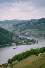 Fototapeta premium Aerial photography of the turn of the Rhine Valley in Germany, with the small towns and castles on both sides