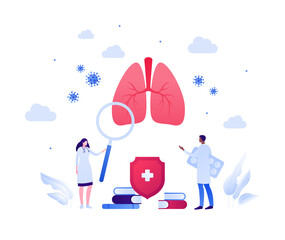 Respiratory system disease treatment and research concept. Vector flat medical illustration. Human lung, medicine capsule and magnifier glass sign. Male and female doctor scientist team.