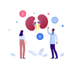 Nephrology disease treatment and healthcare checkup concept. Vector flat medical people illustration. Human kidneys sign. Male doctor and female patient character. Design for health care.