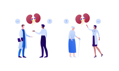 Nephrology disease treatment and healthcare checkup concept. Vector flat medical people illustration. Human kidneys sign. Male and female doctor and patient character. Design for health care.