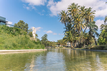 Fototapeta na wymiar beautiful park with palm trees and a small river.