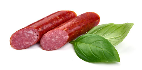Smoked sliced sausages, isolated on white background. High resolution image
