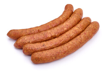 Smoked sausages, isolated on white background. High resolution image.