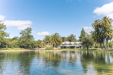 Obraz premium beautiful park with palm trees and a small river.