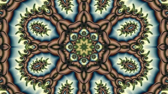 colorful transformation of an abstract beautiful mandala with a kaleidoscopic change in a variety of fractal ornaments and the appearance of different shapes in the form of spirals and stars in the ce