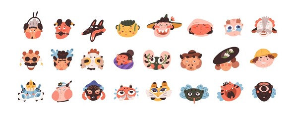 Avatars of abstract funny crazy characters with different emotions. Set of cute whimsical face icons. Profiles of ugly bizarre creatures. Colored flat vector illustration isolated on white background