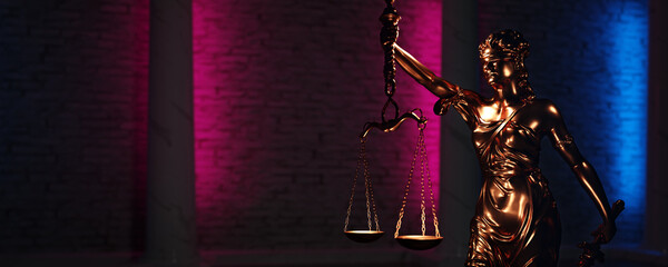 Law and order concept. Statue of Lady Justice with scales of justice with brick wall and column background. Lawyer or judge concept. - obrazy, fototapety, plakaty