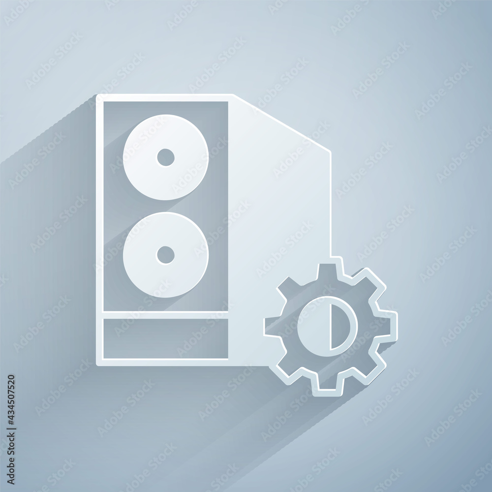 Poster paper cut case of computer setting icon isolated on grey background. computer server. workstation. a