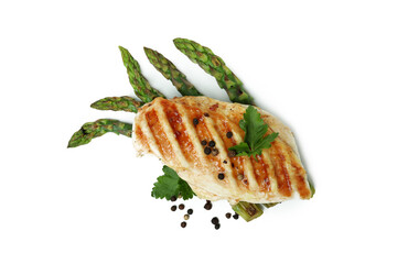Grilled chicken meat, asparagus and ingredients on white background