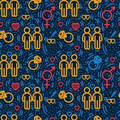 The LGBT background is endless. Gay, Lesbian, Transgender, Bisexual. Love is same-sex, a pattern for textiles. Colored background drawn by Doodle. Vector illustration
