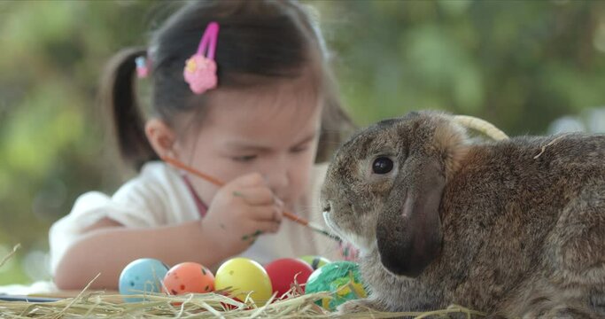 A gray rabbit on easter festive table during asian little girl coloring easter eggs with colors and brush. Preparation of the Easter. Slow motion