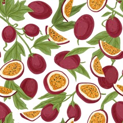 Seamless pattern with passionfruits and leaves on white background. Repeatable texture with realistic pieces of passion fruits and leaf. Hand-drawn colored vector printable illustration in retro style
