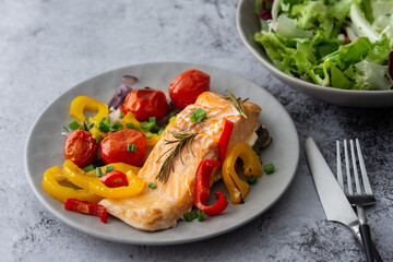 Baked red fish fillet Arctic char on a plate with vegetables, mix salad in a bowl, delicious hearty...