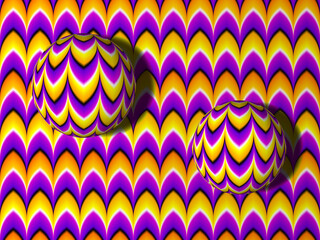 Orange and purple background with moving spheres. Motion illusion.