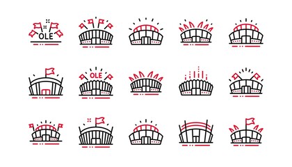 Sports stadium line icons. Ole chant, arena football, championship architecture. Arena stadium, sports competition, event flag icons. Sport complex linear set. Linear set. Quality line set. Vector © blankstock