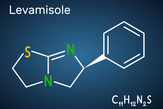 Levamisole molecule. It is antihelminthic drug for the treatment of parasitic, viral, bacterial infections. Structural chemical formula on the dark blue background