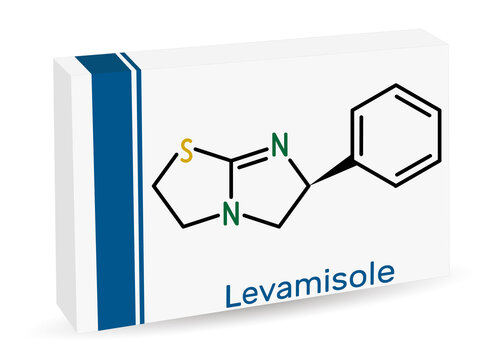 Levamisole molecule. It is antihelminthic drug for the treatment of parasitic, viral, bacterial infections. Skeletal chemical formula. Paper packaging for drugs