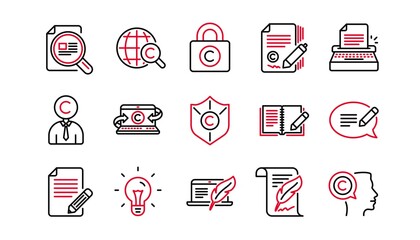 Copywriting line icons. Copyright, Typewriter and Feedback. Legal content linear icon set. Linear set. Quality line set. Vector