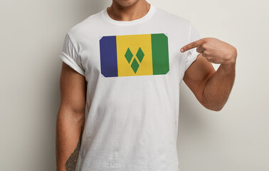 Saint Vincent and the Grenadines Flag on white man t-shirt