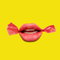 Modern design, contemporary art collage. Inspiration, idea, trendy urban magazine style. Female lips like candy on yellow background.