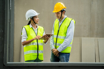 Asian female engineer explaining job on tablet to her worker on site.