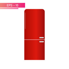 Refrigerator in the old style with two chambers, red color, with a handle. Realistic design. On a white background. Flat vector illustration.