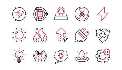 Energy line icons. Solar panels, wind energy and electric thunder bolt. Fire flame, hazard, green ecology icons. Linear set. Linear set. Quality line set. Vector